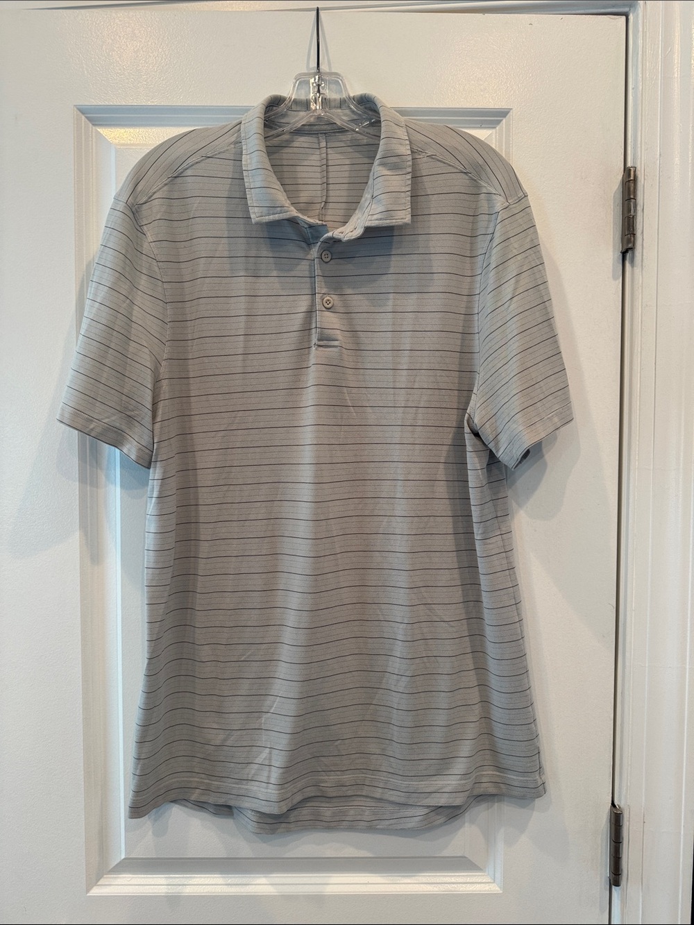 Lululemon Men's Light Blue/Gray Striped Polo Shirt